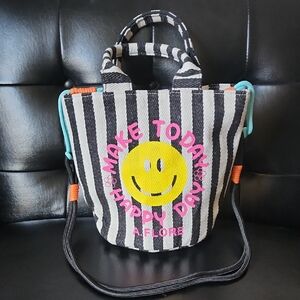 A.FLORE Smiley Face Make Today Happy Day Striped Canvas Bucket Bag K-Fashion